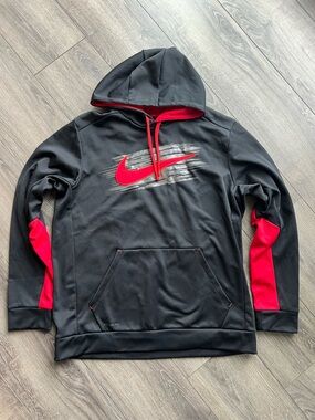 Nike Therma Fit Black Hoodie with Red Swoosh  Pullover Sweatshirt Mens XL
